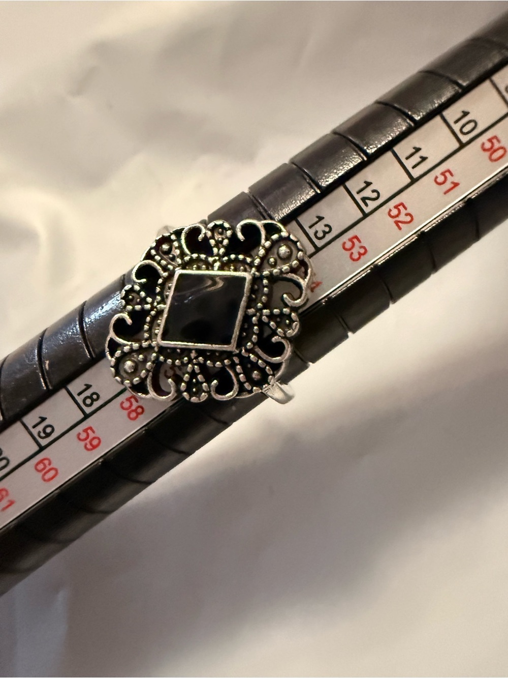 Silver Filigree Black Stone Adjustable Ring - Women Jewelry size 7.5